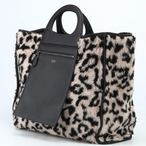 MaxMara Grace Reversible Black Grey Leopard Shearling Suede Leather Carryall Bag - Picture 2 of 10